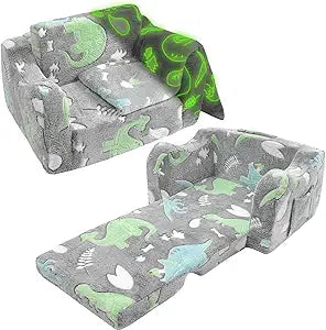 2-in-1 Soft Plush Toddler Couch & Chair  Fold Out Convertible Sofa to Lounger with Blanket, Glow-in-The-Dark Dinosaur Design for Boys & Girls, Playroom/Kids Bedroom