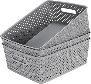 MaxGear 3 Pack Plastic Storage Baskets, Large, Grey