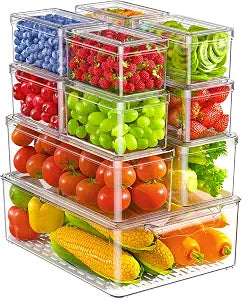 KEMETHY 11 Pack Refrigerator Organizers and Storage, Stackable Fridge Organizer Bins, BPA-Free Clear Plastic Fruit Storage Containers for Fridge, Kitchen, Fruits, Drinks, Produce, Vegetable