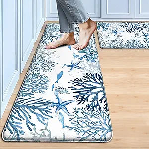 Kitchen Mats for Floor Cushioned Anti Fatigue Sets of 2 Coastal Kitchen Rugs Non Slip Waterproof Nautical Foam Kitchen Floor Rug Beach Theme Coral Fish Comfort Standing Mat for Sink Laundry, Blue