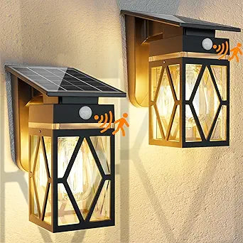 2 Pack Solar Porch Lights Outdoor, Dusk to Dawn & Motion Sensor Solar Wall Light with Lantern Shape, 3 Modes IP65 Waterproof, E26 Bulb Exterior Sconce for Front Porch, Garage, Patio Security