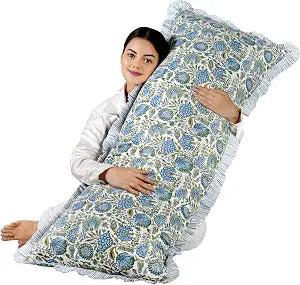 Ridhi Block Print Asparagus Green 54"x20" Set 1-100% Cotton Ruffle Lumbar Sham Cover Boho Floral Pillowcase, Farmhouse Cottagecore Bedding, Soft Decorative Cover Gift for Spring, Easter, Valentine