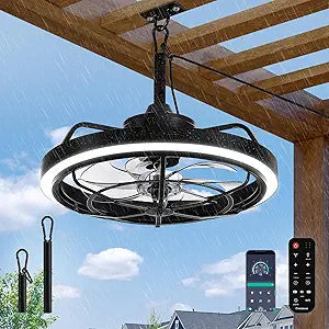 Conciseer Outdoor Ceiling Fan with Light for Patio, 20" Waterproof All-Weather Plug-in Hanging Fan, Smart APP/Remote Control, 3CCT Dimmable LED, Caged Design for Gazebo, Pergola, Porch