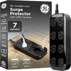 GE Surge Protector Power Strip with USB Ports, 4 Ft Braided Extension Cord, 1470 Joules, 7 Outlet Extender, 1 USB-A, 1 USB-C, Flat Plug, Charging Station, ETL Safety Certified, Black, 87609