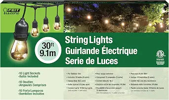 Feit Electric 30ft Outdoor Incandescent String Lights, Warm Amber Glow, Heavy-Duty Weatherproof Cord, Includes 10 Clear Bulbs + 5 Spares, End-to-End Connectable for Patios and Gazebos, SL30-10