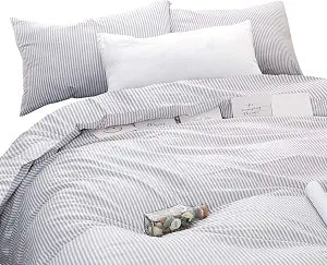 Wake In Cloud - Striped Cotton Duvet Cover Set, Ticking Stripe Pinstripe Farmhouse, 100% Cotton Bedding Set, 3 Pieces, Gray White, Twin/Twin XL Size