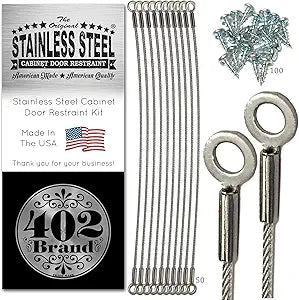 Stainless Steel Cabinet Door Restraint Kit. Made in USA. Flexible Braided Cable. Cupboard Door Hinge Limiter. Restrict Cabinet Door Swing. Door Swing Limiter. Includes Mounting Screws