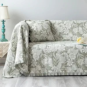 GLORY SEASON Sofa Cover Luxury Jacquard Stylish Embroidery Ruffle,Vintage Sofa Slipcover Couch Cover Furniture Protector for 2-3 Cushion Sofa Throws Cover (Olive Green, 71x118 in)