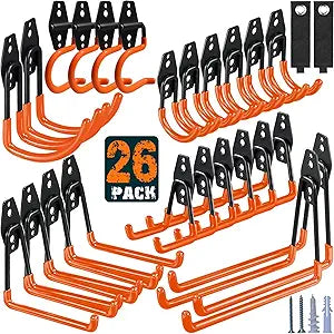 HUPBIPY 26 Pack Garage Hooks Heavy Duty Utility Steel with Anti-Slip Coating Wall Mount Storage Organizer for Hanging Power and Garden Tools, Ladders, Hose, Bikes, Ropes, Bulk Items, and More