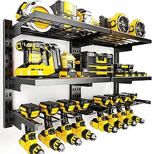 POKIPO Large Modular Power Tool Organizer Wall Mount With 6 Adjustable Shelf, Heavy Duty Iron Tool Storage Rack Loads 300lbs with 8 Cordless Tools Drill Holder,Battery Utility Rack for Garage Workshop