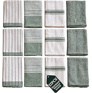 CLOUDSCAPE Kitchen Towels, Set of 12, Premium Cotton Dish Towels for Kitchen, 18" x 28" Oversized Hand Towel, Quick Absorbent & Drying Tea Towel with Hanging Loop - Olive