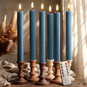6 Pack, 10" LED Flameless Real Wax Blue Fluted Ribbed Grooved Taper Candles, Remote & 24h Timer Memory, On/Off Button, Dimmable, Flicker Mode, Battery Operated, Wedding