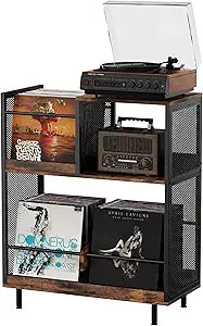 KirKical;3-Tier Record Player Stand Holds Up to 250 Albums, Heavy Duty Vinyl Storage Cabinet with Adjustable Divider, Vintage Wood Turntable Table for Living Room Office