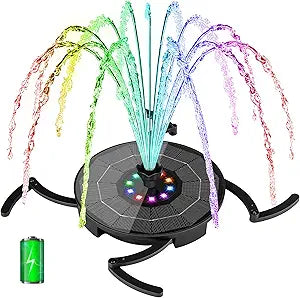 Solar Fountain with LED Lights, Solar Bird Bath Powerd Fountain Works in Cloudy & 2000mAh Battery Backup, 4 Fixed Rods, 7 Nozzles, Outdoor Water Fountain for Brid Bath, Garden, Pool, Pond