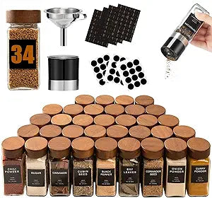 Yangbaga Glass Spice Jars with Labels: 34pc 4oz Square Seasoning Storage Containers with Airtight Wood lid,Pepper Grinder,Funnel; Empty Spice Organizer Bottles for Kitchen Rack Drawer Cabinet