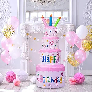 AJY 6 Feet Happy Birthday Inflatable Cake with Candle - Blow Up Indoor/Outdoor Yard Lawn Decoration