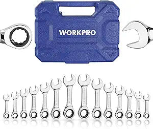 WORKPRO 14-Piece Ratcheting Combination Stubby Wrench Set, 72 Teeth, Combo Ratchet Wrenches Set with Organizer Box, SAE 3/8-3/4" & Metric 10-18mm