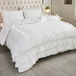 Herside White Comforter Set Queen Size,Waterfall Ruffle Comforter Shabby Chic Farmhouse Bedding Sets,Soft Fluffy Boho Comforter for All Season,3 PCS Lightweight Vintage Quilt Set for Women Girls