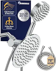 HammerHead Showers Solid Metal Dual Shower Head Combo  CHROME  8 Inch Rainfall High Flow Shower Head & Handheld Shower Head High Pressure with Hose 6ft - Hotel-Like Double Shower Heads