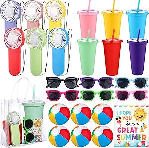 36 Pcs End of Year Student Gifts from Teacher Bulk Pool Beach Party Favors Mini Handheld Fans Beach Balls Plastic Tumbler Sunglasses with Graduation Cards PVC Bag for Preschool Kindergarten