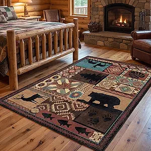 5x7 Living Room Area Rug, Washable Rustic Lodge Bear Rugs Non Slip Low Pile Southwestern Area Rugs Vintage Large Soft Carpet for Bedroom Office Kitchen Dining Room