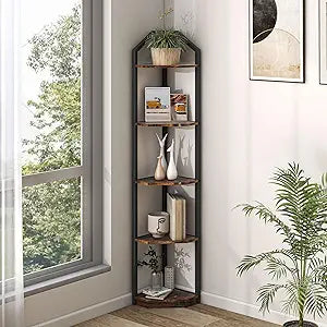 Fun Memories 5 Tier Corner Shelf, 70 Corner Shelf Stand, Corner Bookshelf Plant Stand, Storage Shelf for Bathroom, Living Room, Kitchen,Home Office, Brown