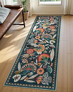 Zealude Boho Washable Green Bathroom Kitchen Runner Rug, 2x8 Egypt Hallway Entryway Rug Runner, Non Slip Botanical Floral Vintage Carpet for Entry Living Laundry Room (Dark Green, 2 x 8)