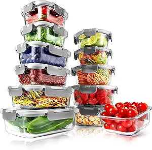 SereneLife 24 Piece Glass Storage Containers with Lids, 12 Pack Glass Meal Prep Container Set for Lunch, Kitchen Storage, Food Storage, Leak Proof, Freezer Safe and Dishwasher Safe, Gray
