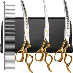 Dog Grooming Scissors,Curved Chunkers Shears Deg Grooming with Safety Round Tips, Sharp and Comfortable 4 in 1 Dog Scissers for Grooming