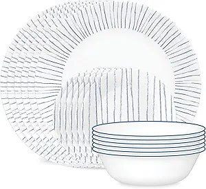 Corelle 18-Piece Dinnerware Set Service for 6, Lightweight Round Plates and Bowls Set, Vitrelle Triple Layer Glass, Chip Resistant, Microwave and Dishwasher Safe, Nautical Stripes