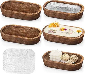 5 Pack Wooden Dough Bowls,Dough Bowls for Candle with Fire-resistant Coating,Rustic Paulownia Wood Bowl,Kitchen Table Home Bathrooms Farmhouse Decoration (9.5 x 5.5 x 1.6 Inch,Brown) (5)