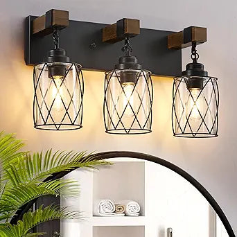 Farmhouse Bathroom Light Fixtures, 3 Light Bathroom Vanity Light with Metal and Glass Lampshade, Wood Rustic Lighting Fixtures Over Mirror, Black Wall Sconces for Living Room, Bedroom