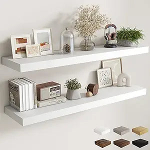Fun Memories 55 Inch Fireplace Mantel Shelf, 12 Inch Deep Shelves for Display & Wall Storage, Rustic Wood Wall Shelf, Extra Long Floating Shelves for Bathroom Bedroom Living Room, White, 2 Pack