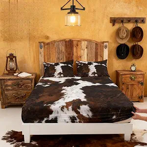 Cowhide Print Fitted Sheet Full Size 3 Pcs, Cow Fur Pattern Theme Bedding Deep Pocket for Home Bedroom Decor, Maroon (1 Fitted Sheet+2 Pillowcases) No Flat Sheet