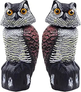 Hedoc 2 Pack Fake Owl Decoys to Scare Birds Away(15 inch), Rotating Head Sculptures, Nature Enemy Scarecrow Plastic Statues, Pest Repellent,Pigeon Deterrent Outdoor Yard, Garden Protectors