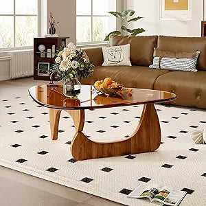 Modern Coffee Table for Living Room, 35.8" Mid Century Center Table,Brown Tempered Glass Triangle Top & Sturdy Solid Legs, Tea Table for Home Office, Easy Assembly