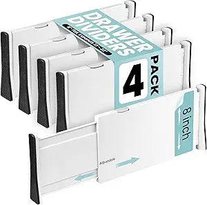 RAPTUROUS Adjustable Drawer Dividers, 8" Tall, Expandable 13.35-22", 4-Pack, Non-Slip for Deep Drawers in Kitchen, Bedroom, and Closet (White)