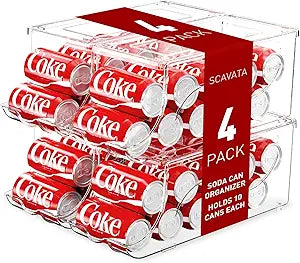 SCAVATA 4 Pack Stackable Refrigerator Organizer, Soda Can Dispenser Pop Cans Container Beverage Holder with Lid for Fridge, Freezer, Kitchen, Clear Plastic Storage Bins-Holds 10 Cans Each