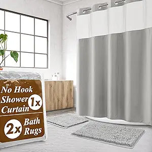 Barossa Design No Hook Shower Curtain Sets with Rugs - Gray Bathroom Rugs Sets 2 Piece and Snap in Liner Bathroom Curtains, Light Grey