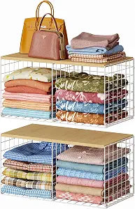 2 Pack Stackable Closet Organizers and Storage, 4 Cube Closet Shelves with Wood Top Board for Extra Clothes Storage, Small Metal Closet Shelf Organizer Bins Baskets for Sweater Sweatshirt Jeans, White