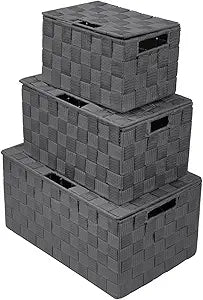 Sorbus Set of 3 Hand-Woven Storage Baskets with Lids  Mesh Organizers for Linen Closet, Shelves, or Home Storage  Variety Pack (Gray)