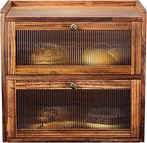 Bread Box for Kitchen Countertop Wooden Bread Storage Container Bin 2 Layer Corner Breadbox Large Capacity, Vintage Farmhouse Food Organizer Pantry Shelf with Window Brown Pine Wood