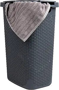 Mind Reader Slim Laundry Hamper with Lid, 60L Tall Clothes Basket, Narrow Tapered Design for Bathrooms, Closets and Laundry Rooms, Plastic, Gray