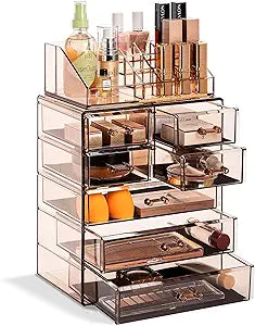 Sorbus Acrylic Makeup Organizer Set, 7-Drawer Vanity & Countertop Cosmetic Storage with Small & Wide Compartments, Bronze Glow Makeup Storage for Brushes, Jewelry  Holiday Gift for Women & Teens