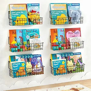 PUERSI 6-Pack Wall Mounted Bookshelf for Kids Rooms, Metal Nursery Shelves for Wall, Floating Book Shelves for Baby Boys Girls Bedroom Decor and Storage, Black