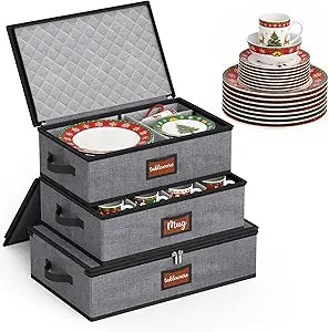 MISSLO Large Capacity China Storage Containers Hard Shell Plate Storage Containers, Kitchen Packing Moving Boxes for Dishes, Dinnerwares, Mugs Protectors, Grey, 3 Piece Set
