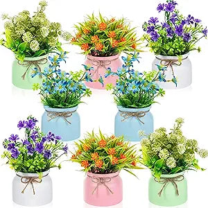 Zeyune Large Summer Artificial Flowers Potted Centerpieces Desktop Fake Floral Plants in Macaron Pot Greenery for Spring Office Table Home Indoor Bathroom Office Wedding Bridal Decor(8 Pcs,Vivid)