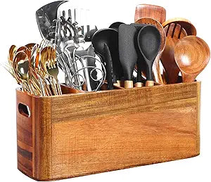 Kitchen Utensil Holder for Counter or Countertop, Extra Large Acacia Wood Organizer with 4 Compartments, Wooden Storage for Cooking and Silverware, Rustic Minimalist Decor, Sturdy Utensil Crock