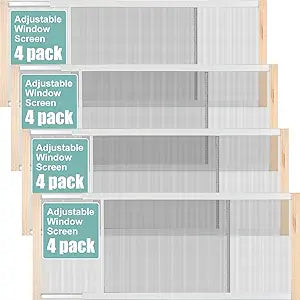 Hicarer 4 Pcs Expandable Window Screen Adjustable Sliding Window Screen Mesh with Zinc Plated Rails and Varnished Wood Ends Replacement Window Screens for Home(18 Inches High x 25-45 Inches Wide)
