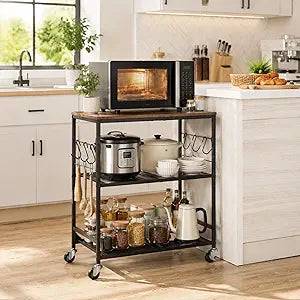 3-Tier Rolling Microwave Cart with Storage Shelf & 6 S Hooks, Microwave Stand for Small Appliances, Kitchen Storage Cart on Lockable Wheels, Coffee Bar Station for Kitchen, Living Room, Office